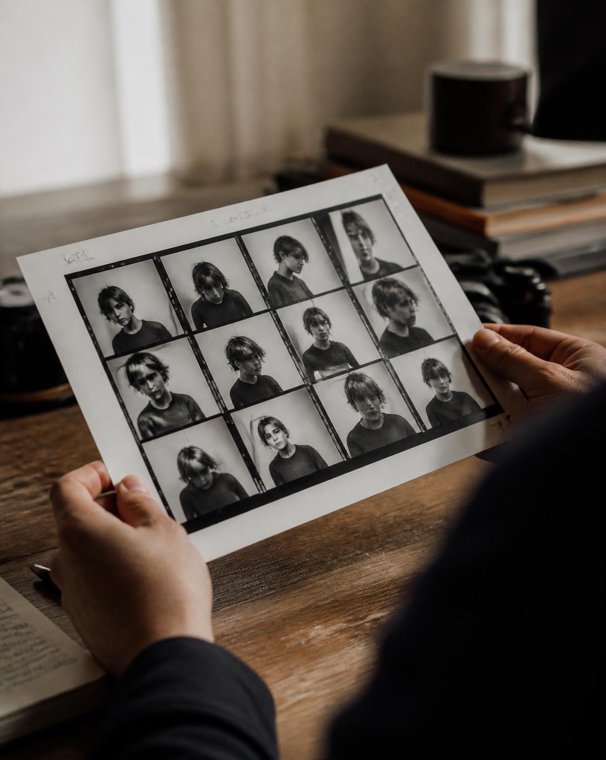 Photographer reviewing a printed contact sheet of black and white portrait proofs